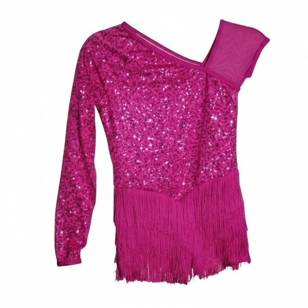 Weissman Fuchsia Sequin Fringe One Shoulder Dance Costume Romper LC Jazz Tap